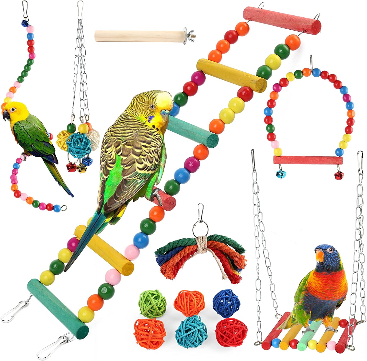 Bird Hemp Rope Net Swing,Parrot Perch Climbing Rope Ladder,Hammock Hanging on Parakeet Cage wiht 2 Hooks,Chew Toys for Greys Cockatoo,Cockatiel