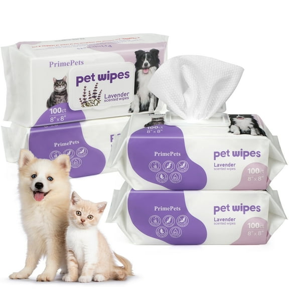 Prime Pets 8x8 in Pet Grooming Wipes for Dogs Cats, Jumbo Deodorizing Wipes, Lavender Scented,400 Ct