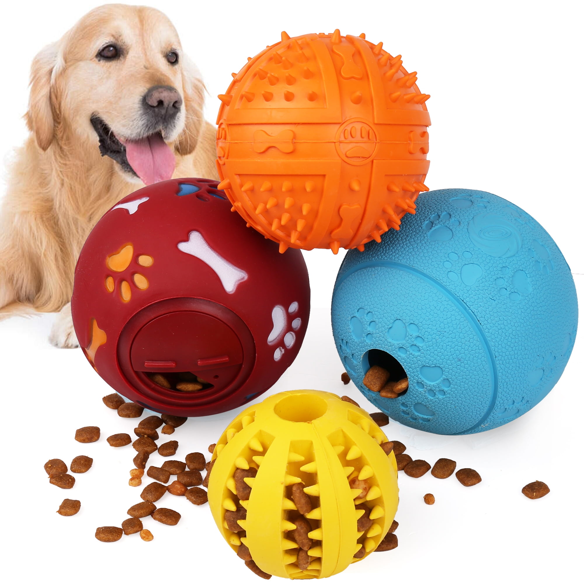 Primepets 4 Pack Large Dog Treat Ball, Interactive Food Dispensing Puppy  Puzzle Toy, Natural Rubber