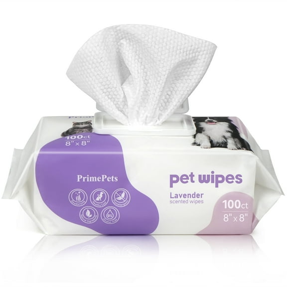 Prime Pets Pet Grooming Wipes for Dogs Cats, 8x8 in Jumbo Deodorizing Wipes, Lavender Scented,100 Ct