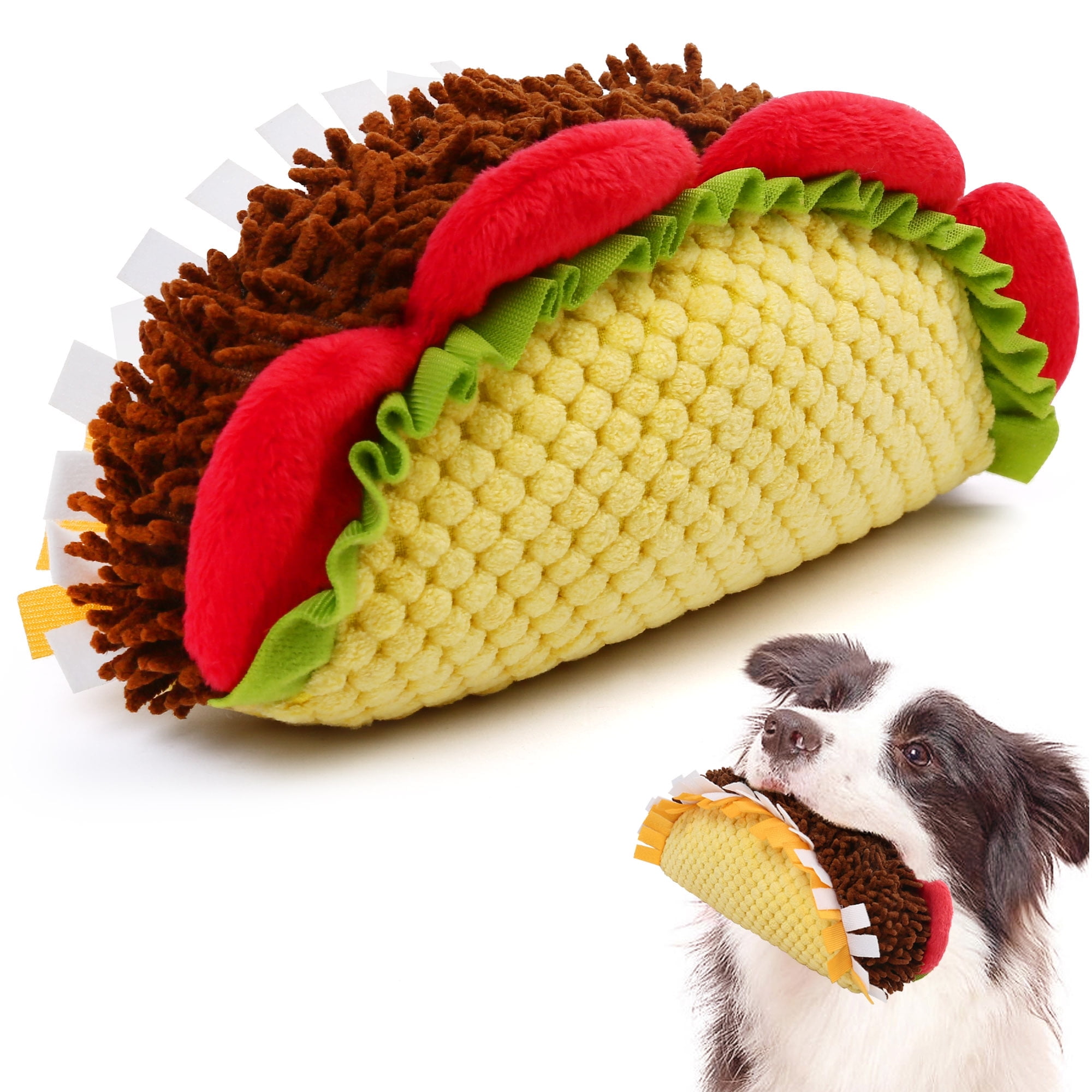 Prime Pets Plush Taco Dog Toy, Food Dog Toy, Yellow Stuffed Dog