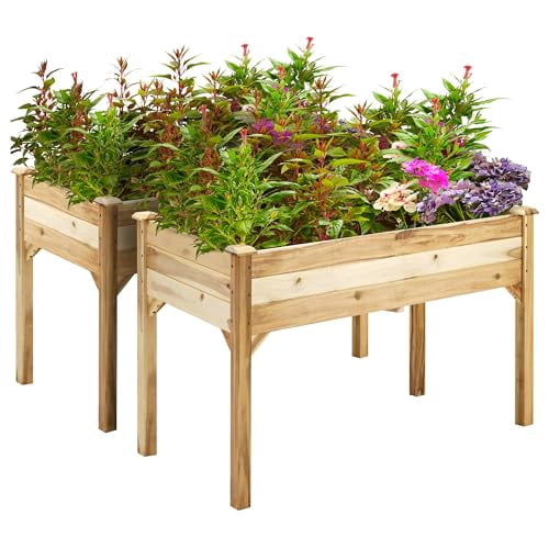 Wooden Raised Garden Plant Stand Outdoor Tall Flower Bed Box with Hooks, 48