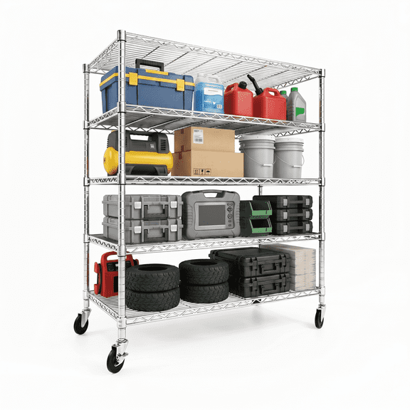 PrimeZone 5-Tier Wire Storage Shelves with Wheels, Adjustable Metal Shelf Rack Unit Organizer, Heavy Duty Wire Shelf for Garage Warehouse Office Restaurant Kitchen, 48"W x 24.2"D x 81"H, Chrome