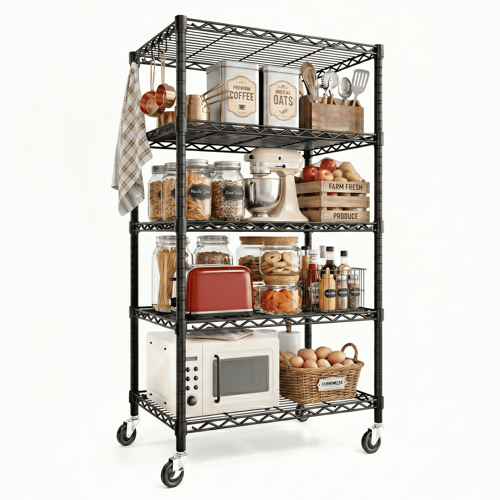 PrimeZone 5-Tier Wire Storage Shelves with Wheels, Adjustable Metal ...