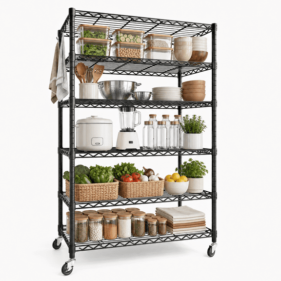 PrimeZone 6-Tier Wire Storage Shelves with Wheels, Adjustable Metal Shelf Rack Unit Organizer, Heavy Duty Wire Shelf for Garage Warehouse Office Restaurant Kitchen, 36.5"W x 16"D x 78"H, Black