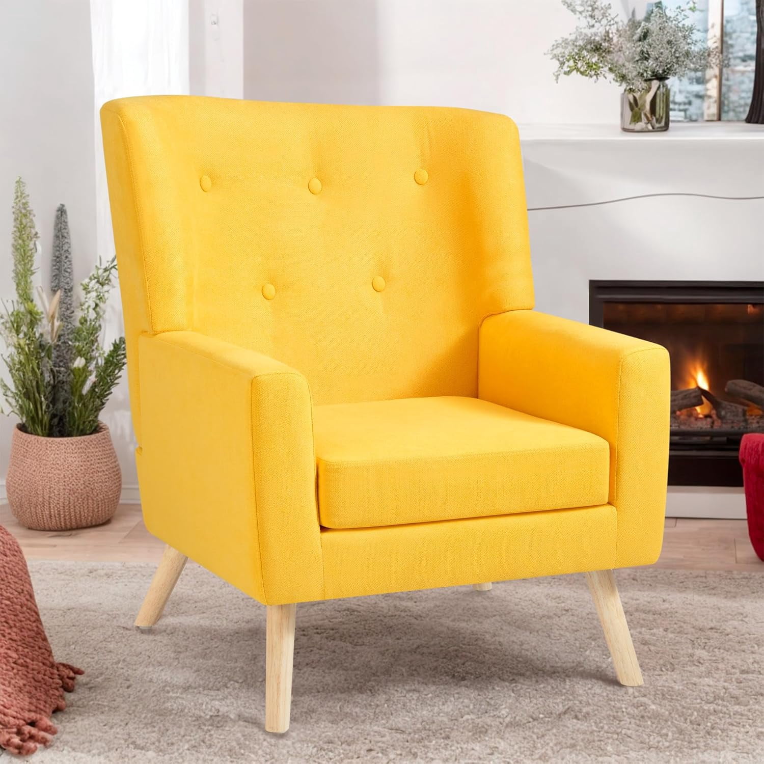 PrimeZone Mid-Century Modern Accent Chair – Corduroy Wingback, Button Tufted, Grey, 29.1"D X 28.3"W X 30.3"H, 400 Lb Capacity
