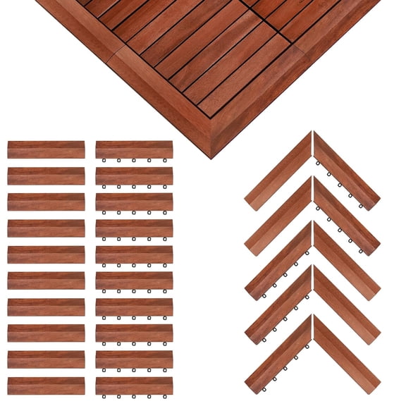 PrimeZone Solid Acacia Wood Edge Trim Set for Interlocking Deck Tiles - 20 PCS Border Trim & 10 PCS Corner Trim for Outdoor Flooring, Waterproof Edge Tiles for Decking Floor, Brown