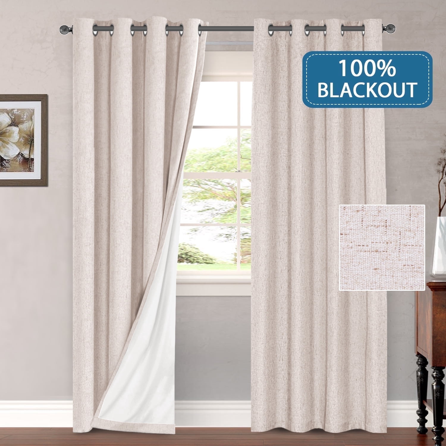 PrimeBeau Curtain Panels 100% Blackout Grommet Drapes, 52 x 96 inches, Set of 2, Natural Color