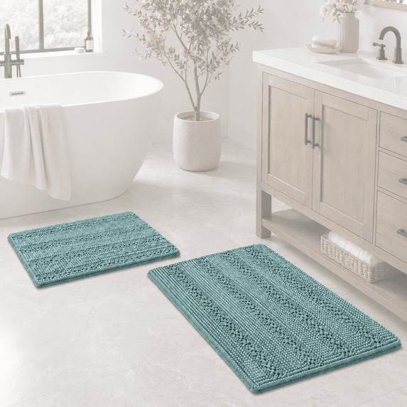 Primebeau Absorbent Bath Mats, Shaggy Chenille, Thick Floor Mats, Set of 2, Aqua