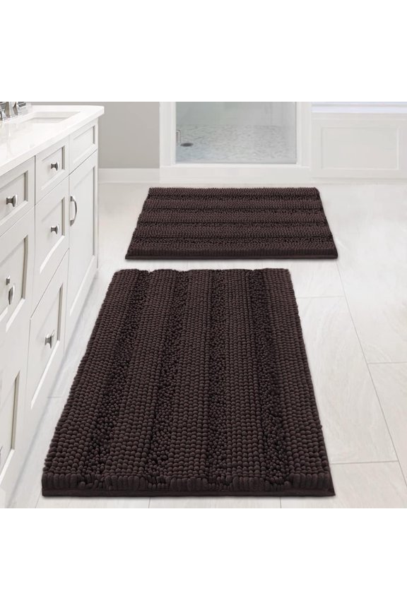 Absorbent Bath Mats, Shaggy Chenille, Thick Floor Mats, Set of 2, Chocolate