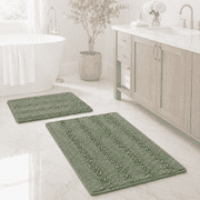Primebeau Absorbent Bath Mats, Shaggy Chenille, Thick Floor Mats, Set of 2, Sage Color