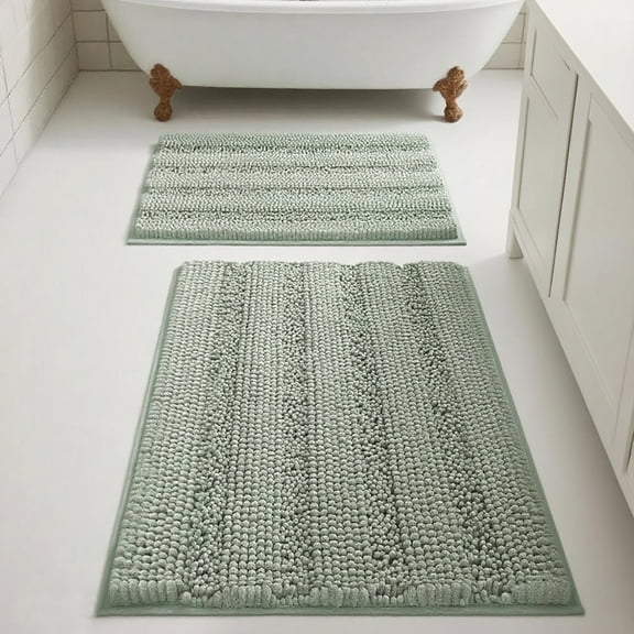 Primebeau Absorbent Bath Mats, Shaggy Chenille, Thick Floor Mats, Set of 2, Sage