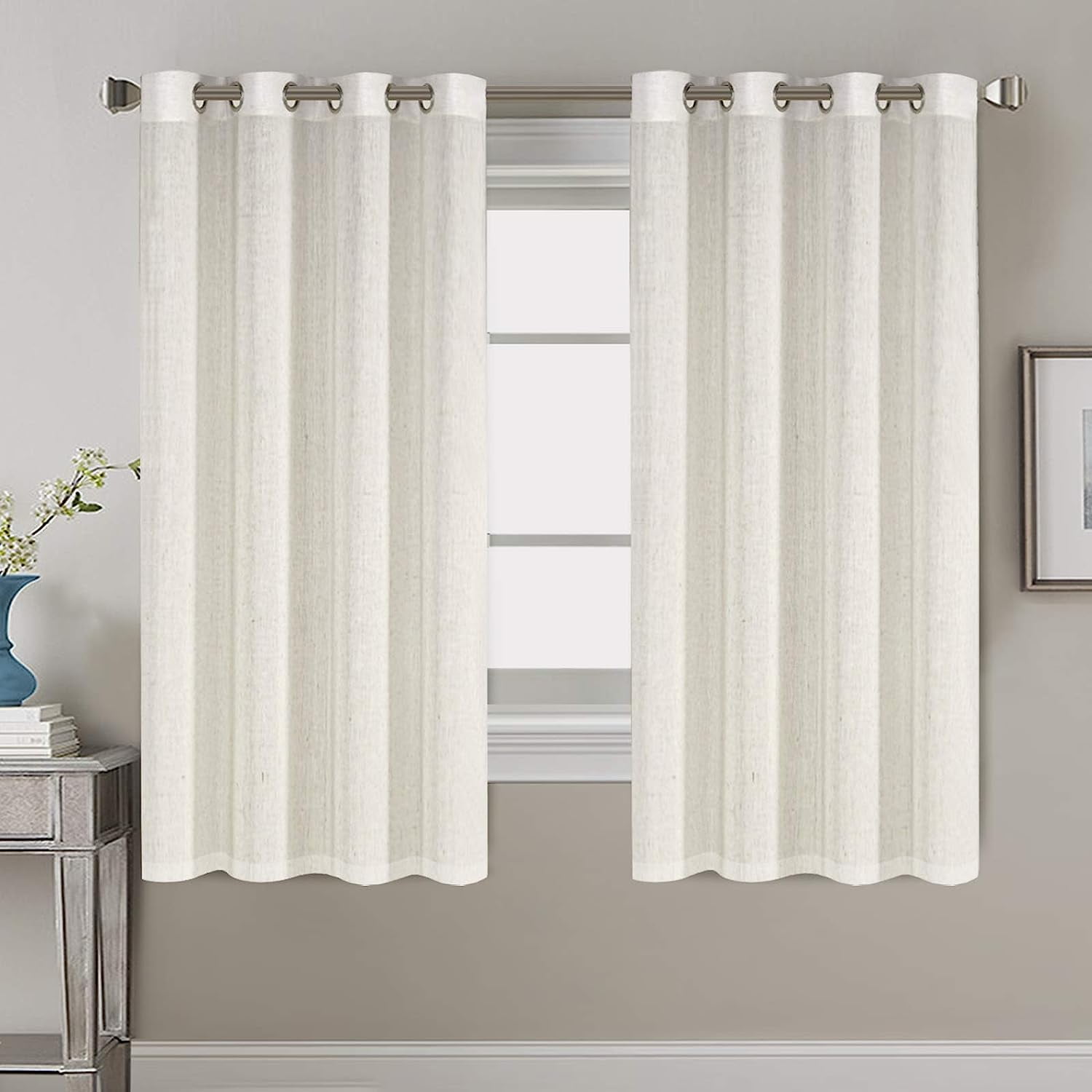 "Primebeau Natural Linen Textured Sheer Curtains with Nickel Grommets, 52"" W x 63"" L, Ivory"