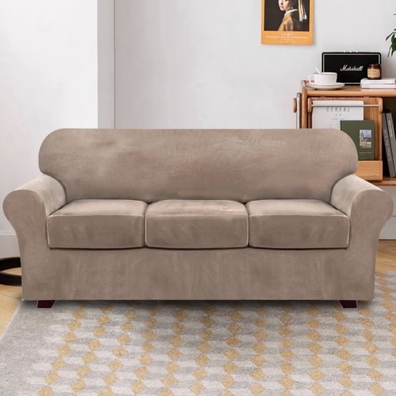 Primebeau Velvet Sofa Slipcover - Elastic, Machine Washable - 4 Piece, Taupe