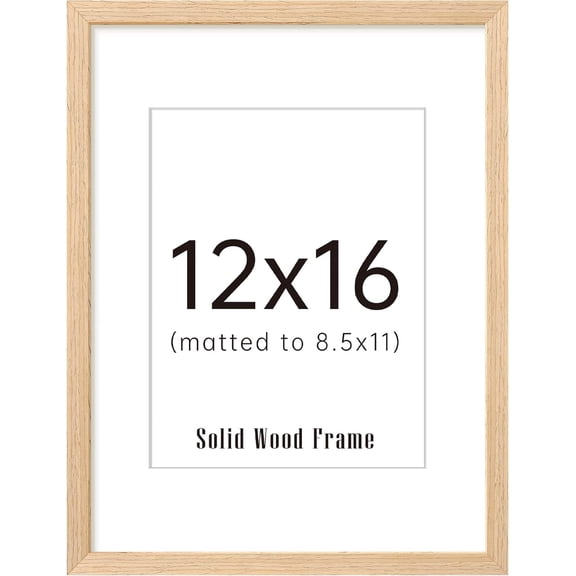 Primecook Shop 12x16 Frame, Natural Solid Wood Picture Frames, Display 8.5x11 with Mat or 12 x 16 Without, Vertical & Horizontal Wall Hanging, 1 Pack, Natural