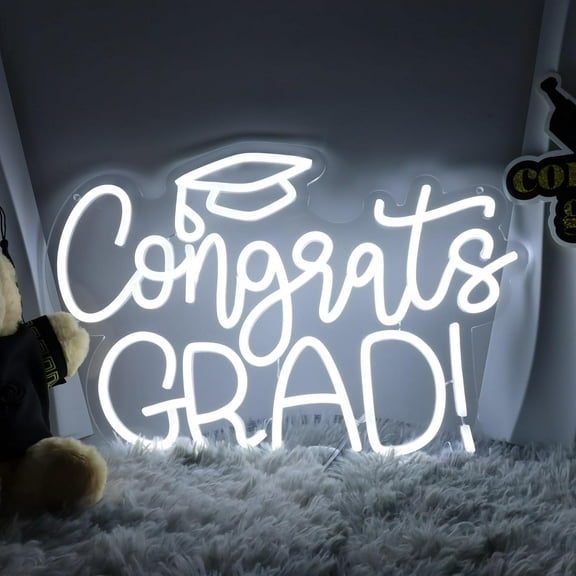 Primecook Shop Congrats Grad Neon Sign - 11.3 * 16.7 Inch White Adjustable LED Graduation Decorations for Class of 2026 Party Room Dorm Backdrop Celebration Gifts Graduation Gift