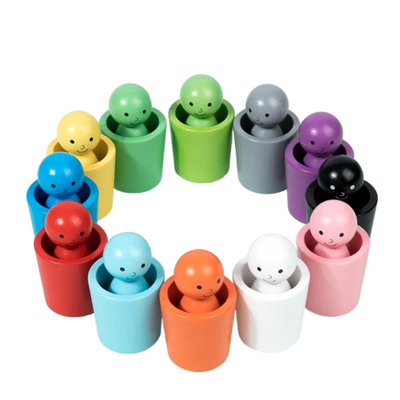 Primegos 1 Set Wooden Color Sorting Cup Fine Motor Skills 12 Colors Man Ball Matching Game Toddler Boys Girls Educational Rainbow Man Ball Sorting Toy
