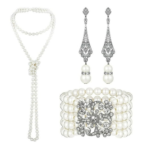 Primegos 3 Pcs/Set Faux Pearl Jewelry Set 1920s Vintage Luxury Style Multi-layered Celebrity Star Formal Party Banquet Wedding Jewelry Necklace Earrings Bracelet Set