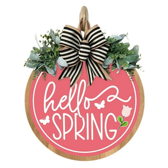 Primegos Hello Spring Door Sign Wooden Spring Decoration Wreath Sign Front Door Hanging Welcome Sign for Farmhouse Home Front Porch Indoor Outdoor Decor