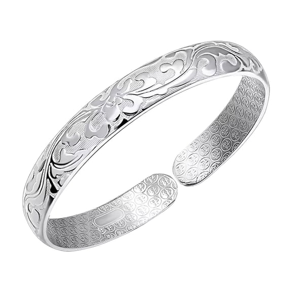 Primegos Lady Opening Bracelet Adjustable Circumference Floral Emboss Smooth Polished Wide Wrist Jewelry