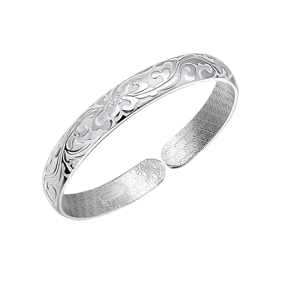 Primegos Lady Opening Bracelet Adjustable Circumference Floral Emboss Smooth Polished Wide Wrist Jewelry
