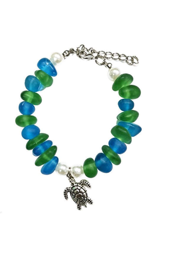 Natural Beach Glass Wristband Handmade Sea Glass Bracelet Handmade Sea Glass Blessing Bracelet with Hummingbird Charms Adjustable for Women