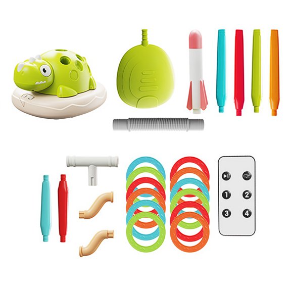 Primegos Spinning Dinosaur Jump Toy 3-in-1 Ring Toss Jumping Game with Adjustable Speed Rotating Pole Rocket Launcher Kids Indoor Outdoor Play Sports Toy