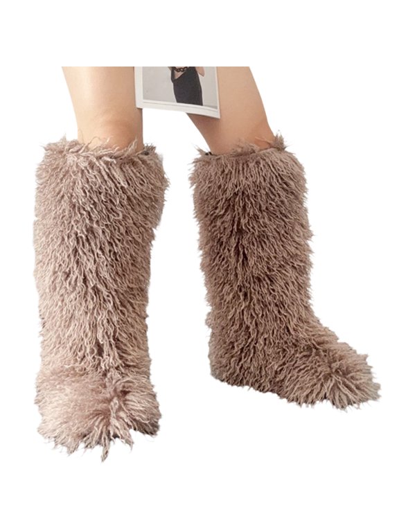 Tall Furry Boots Women Fluffy Faux Fur Knee-High Boots Girls Shaggy Fuzzy Winter Long Boots for Mardi Gras Street Party Mardi GrasDaily Wear