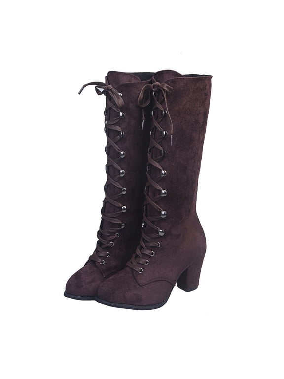 Women Vintage Victorian Boots Gothic Suede Mid Calf Boots Winter Warm Lace-up Chunky Heel Boots for Daily Wear Cosplay Halloween