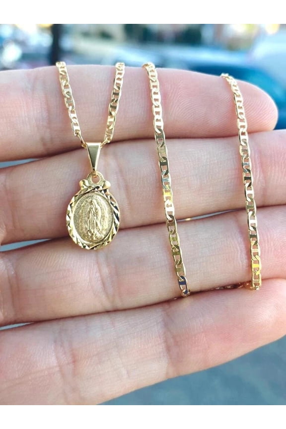 14 karat Gold Filled Virgen de Guadalupe Pendant Necklace Chain, 16"