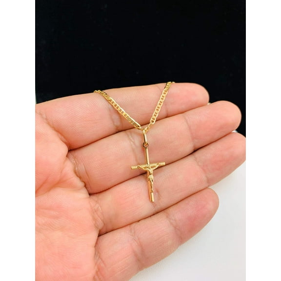 Tube Cross Pendant Necklace for Womens in Gold Filled Jesus Christ Charm 24x14mm / Dainty Cross Pendant with Mariner Chain / Cadena con Dije de Cruz en Oro