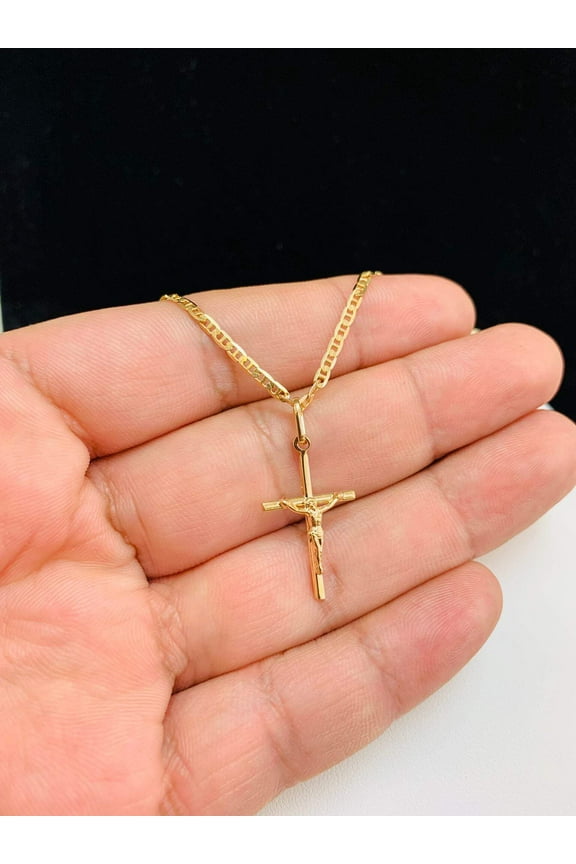 Tube Cross Pendant Necklace for Womens in Gold Filled Jesus Christ Charm 24x14mm / Dainty Cross Pendant with Mariner Chain / Cadena con Dije de Cruz en Oro