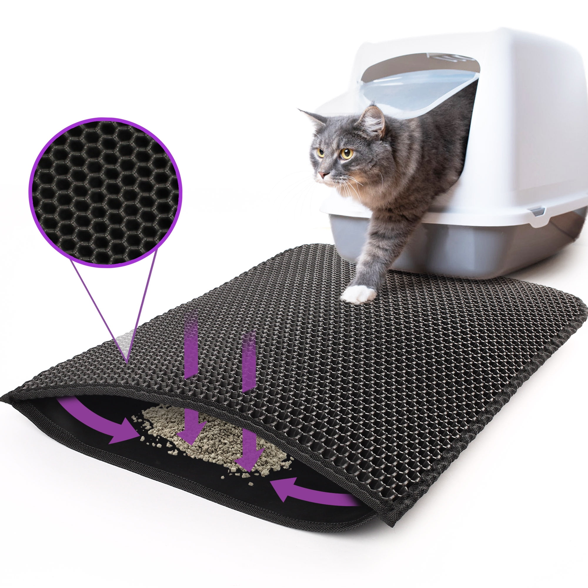 Cat Litter Mat, Large Cat Litter Trapping Mat, Double Layer Honeycomb  Design Waterproof Foldable Cat Litter Box Mat, Easy Clean Machine  Washable(24.8*32.28,Black) 