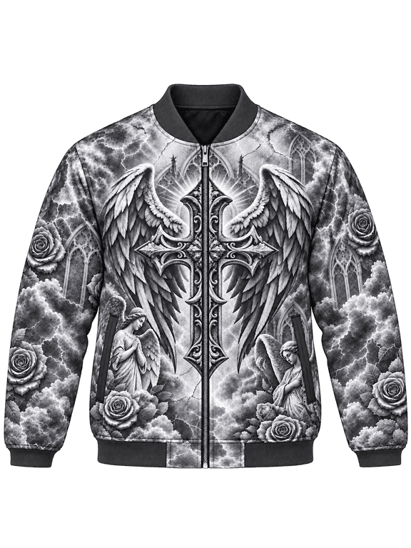 Angel Cross Bomber Jacket, Multicolor, Gothic Christian Faith Outerwear
