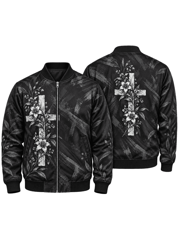 Floral Faith Bomber Jacket, Black White Christian Botanical Outerwear