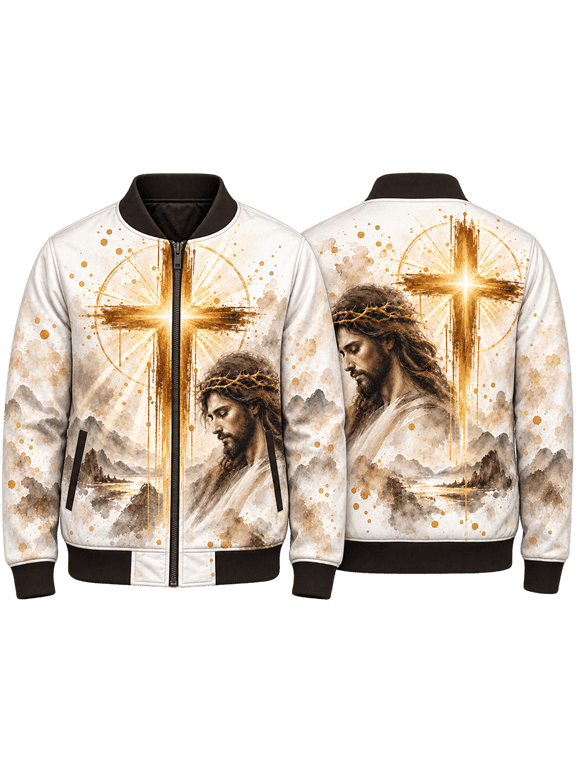 Jesus Golden Faith Bomber Jacket, Christian Religious Inspirational Outerwear