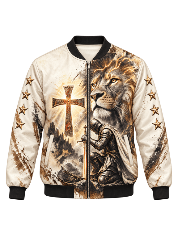 Knight Lion Stars Bomber Jacket, Ivory Gold Christian Faith Outerwear