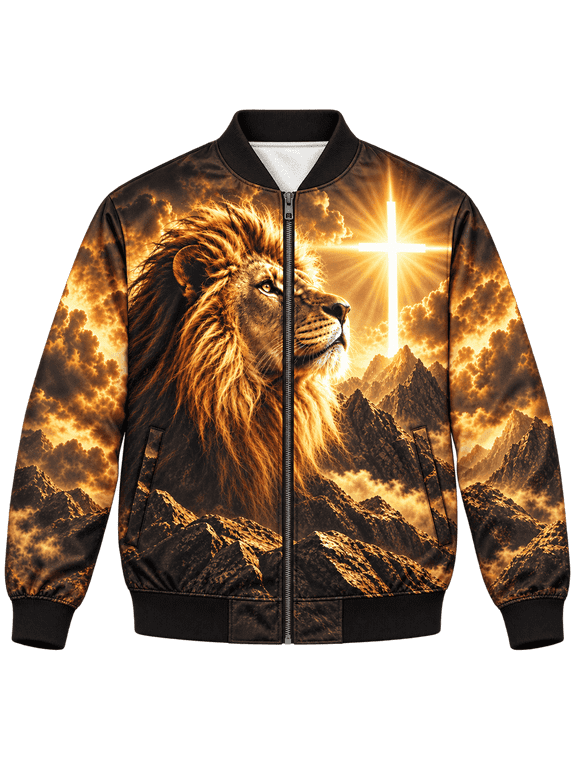 Lion Faith Bomber Jacket, Golden Christian Mountain Inspirational Outerwear