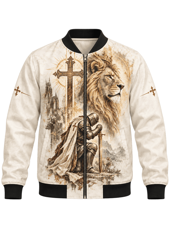 Lion Knight Faith Bomber Jacket, Ivory Christian Warrior Inspirational Outerwear