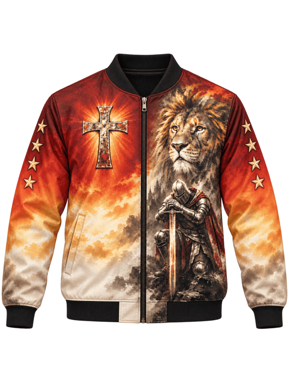 Lion Knight Stars Bomber Jacket, Red Gold Christian Faith Outerwear