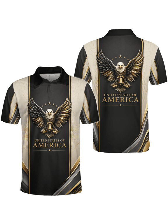 Patriotic Eagle Polo Shirt, Multicolor, America Flag Inspired Black Gold Short Sleeve Collared Shirt