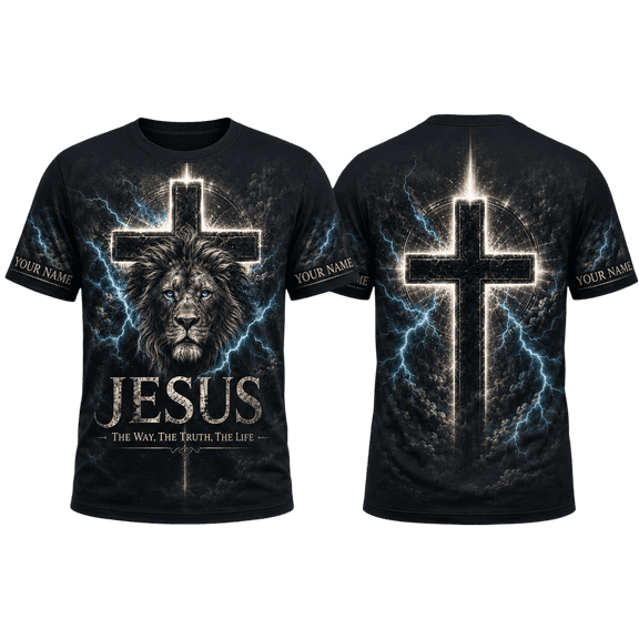 Primeprint Custom LLC Personalized Jesus Lion Cross Graphic Unisex T-shirt Multicolor, Christian Faith Tee