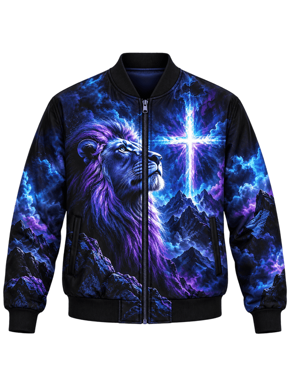 Personalized Lion Cross Bomber Jacket, Multicolor, Christian Faith Mountain Graphic Outerwear