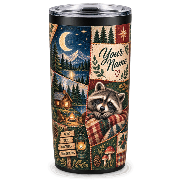 Primeprint Custom LLC Personalized Raccoon Patchwork Stainless Tumbler 20oz, Cozy Cabin Woodland Travel Mug