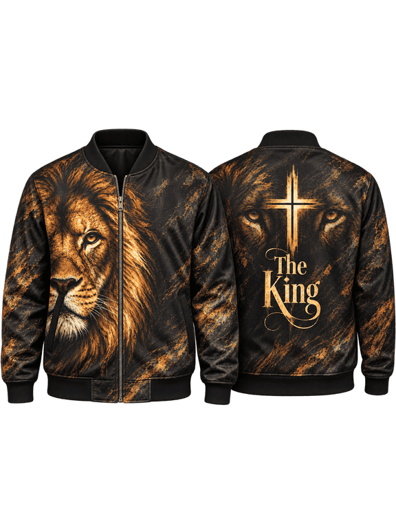 The King Lion Bomber Jacket, Black Gold Christian Faith Inspirational Outerwear