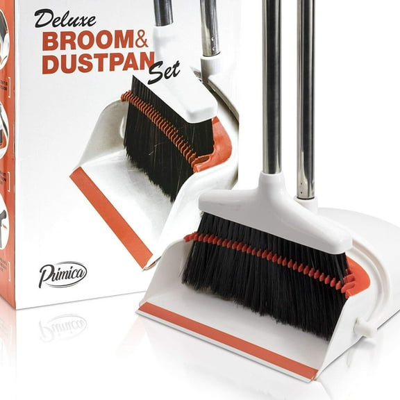 Primica Broom and Dustpan Set - Stand Up Dustpan with Bristle Cleaning Comb - Ideal Kitchen, Home and Lobby Broom and Dustpan Combo