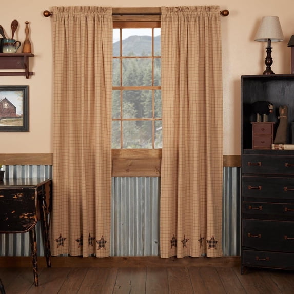 Primitive Applique Bingham Star Panel Pair Window Curtains 84x40