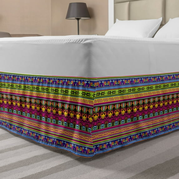 Primitive Bed Skirt, Aztec Culture Pattern Borders Ornate Tribal Animal Print, Elastic Bedskirt Dust Ruffle Wrap Around for Bedding Decor, 4 Sizes, Multicolor, by Ambesonne