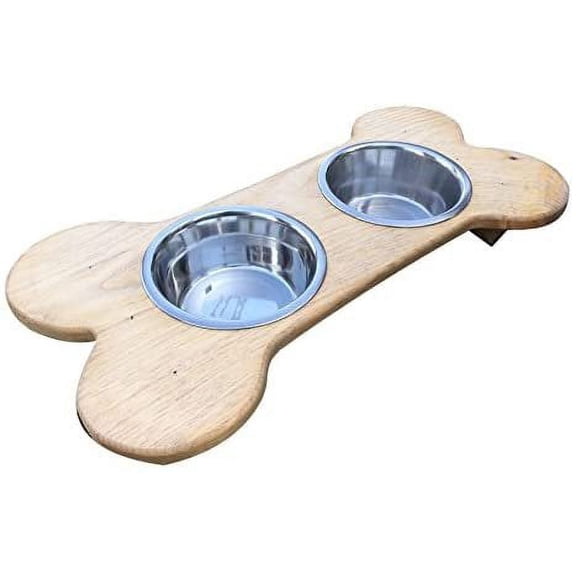 Primitive Bone Shaped Solid Oak Wood Dog Bowl Stand for Medium Small Dogs Rustic Natural Made in The USA!!! Wooden Feeder Dish Holder