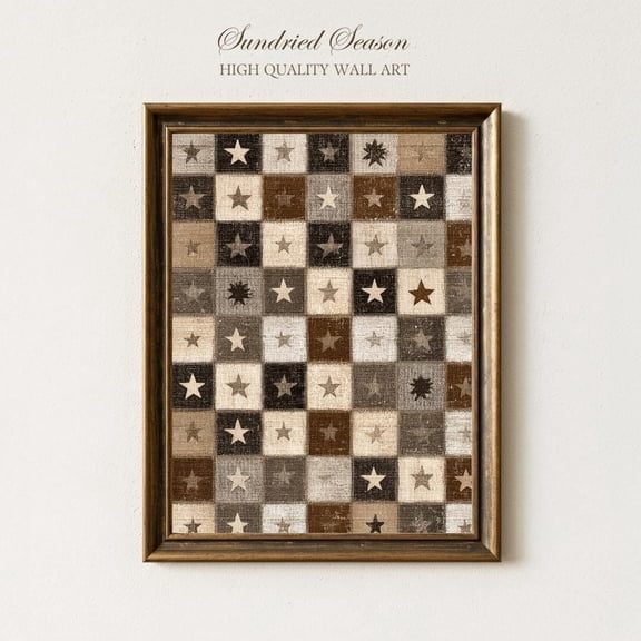 Primitive Checkerboard Star Earth Tone Patchwork Rustic Wall Art, Unframed Canvas 24x36in